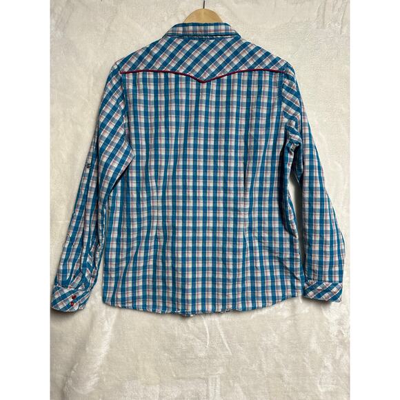 Bit & Bridle Snap Blue Plaid Western Shirt M Womens Pink Trim - Picture 3 of 10